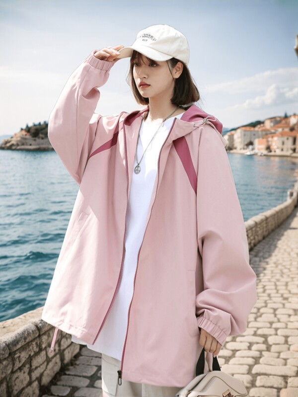 Plus Size Women Outdoor Jacket Trench Coat, Oversized Loose Style Windbreaker, With Contrast Color