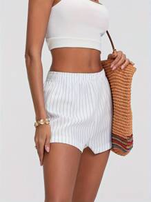 Women Summer Stripe Print Shorts Elastic High Waist Wide Leg Short Pants Lounge Shorts