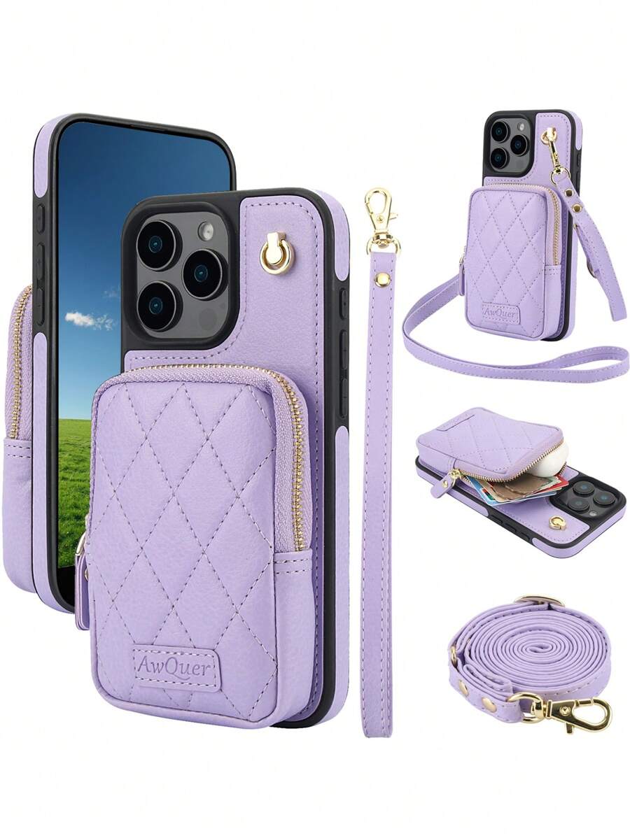 Funda de piel sintética (PU) compatible con iPhone 16, 15, 14, 13, 12, 11, Pro, X, XS, Max, XR, 8, 7 Plus, SE 2020, 2022, con ranuras para tarjetas, cremallera, bandolera y cuerda para el teléfono