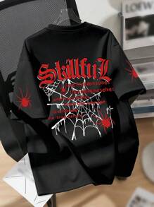 Teenager Boys' Spider & Slogan Print Crew Neck T-Shirt, Casual Soft Top For Summer - Black - View 1