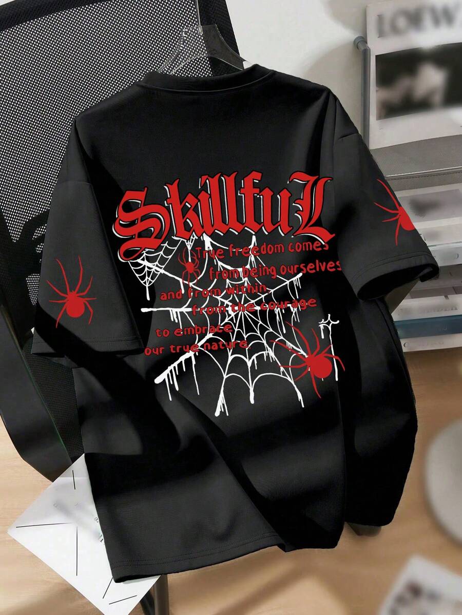 Teenager Boys' Spider & Slogan Print Crew Neck T-Shirt, Casual Soft Top For Summer - Black - View 1