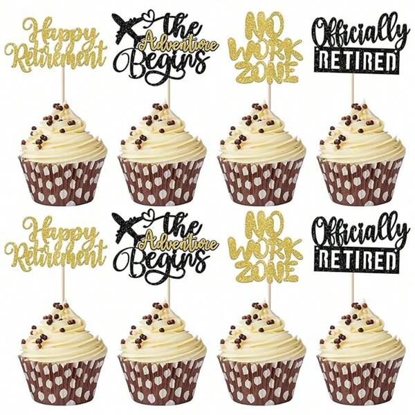 24 piezas Toppers para cupcakes de feliz jubilación, decoraciones de jubilación, pinchos para cupcakes de jubilación, decoraciones de pastel oficialmente jubilado para fiestas de despedida de jubilación, color negro y dorado