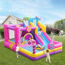 Trampolín Grande para Exteriores Infantil con Tema de "Parque de Dulces" - Incluye Bomba Inflable de Alta Potencia - Rosa - Ver 1