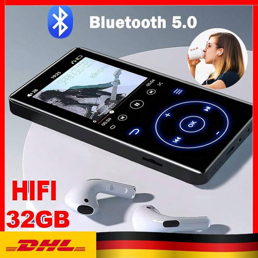 MP3-Player, 32 GB, Bluetooth 5.0, verlustfreier Musik-Player, HiFi, tragbarer Lautsprecher, integrierter Lautsprecher, Video, Sprachaufnahme, FM-Radio, E-Book,  2,4-Zoll-HD-Bildschirm