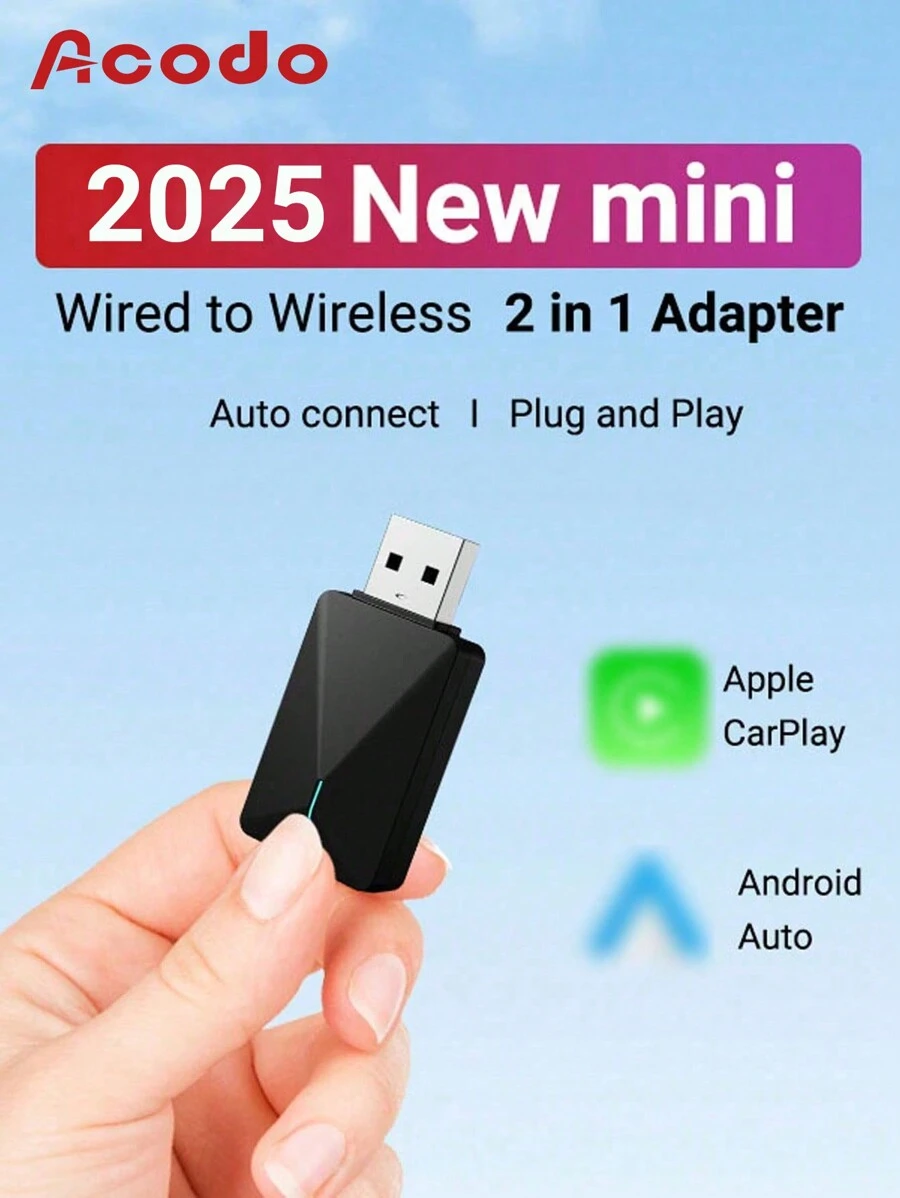 XUDA 2-In-1 Mini CarPlay AI Box, Supports Wired/Wireless CarPlay And Android Auto, 5GHz WiFi5 Transmission Speed, Plug And Play, Fashionable And Portable, Suitable For 99% OEM CarPlay Vehicles, Compatible With IOS 10+/Android 11+, USB/USB-C Interface.