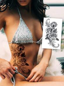 1 Sheets Big Size Body Art Temporary Tattoo Stickers For Women, Black Old School Style Sketch Flowers Pattern, Waterproof Fake Tattoo, Lasts 2-5 Days, Covering Scars,Can Be Used On Arms Wrist Shoulders Legs Waist Neck Hand Chest Thighs Finger Ankle, Suitable For Parties, Gifts, Vacations, Body Decoration