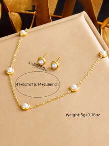 European And American Retro Round Pearl Stainless Steel Chain Accessories Bracelet Earrings Necklace Jewelry Set For Women, Suitable As Gift