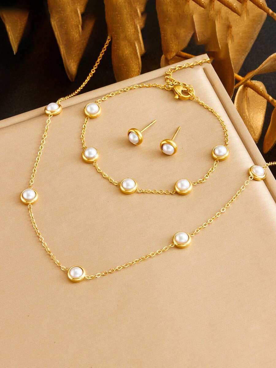 European And American Retro Round Pearl Stainless Steel Chain Accessories Bracelet Earrings Necklace Jewelry Set For Women, Suitable As Gift