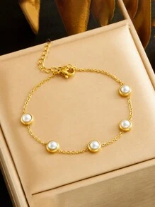 European And American Retro Round Pearl Stainless Steel Chain Accessories Bracelet Earrings Necklace Jewelry Set For Women, Suitable As Gift