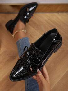 Giày lười đế bằng họa tiết nơ cá sấu đen dành cho nữ, thiết kế mũi nhọn thanh lịch phù hợp để mặc ngoài trời - màu đen - Xem 3