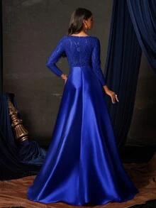 Elegant Blue Sequin Long Sleeve Gown With High Slit, Floor-Length Formal Dress, Women's Prom Gown, Party Dress, Wedding Guest Dress, Evening Dress - Navy Blue - View 2