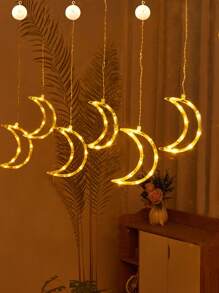 1pc 10-Head Star & Moon Decor Atmosphere Festival Light With Suction Cup, 3-Section Battery-Operated Five-Pointed Star String Light