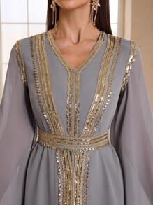 YISIKADO Women's Arab Style Chiffon Sequined Belted Long Sleeve Formal Dress, Party Dress, Wedding Guest Dress, Evening Dress,Gown - 灰色 - 查看 6