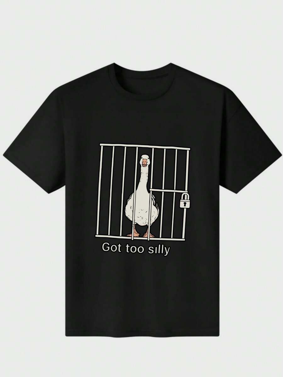 Too Silly T-Shirt, Silly Goose T-Shirt  Casual Digital Print  Pure Heavy Cotton T Shirt - 黑色 - 查看 1