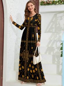 DEARCASE Printed Pocket Long Sleeve Dress Simple Fashionable Daily Casual - Black Gold - View 4