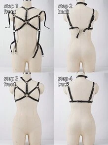 聚氨酯皮革束带身体腰带可调节肩带胸带时尚配饰女士 - 粉色 - 查看 5