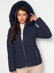 Shendy Vendy Women's Warm Polyester Jacket With Fur Collar - Navy Blue 2 - View 3