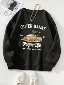 Outer Bank 图案印花女式宽松圆领长袖运动衫 - 黑色 - 查看 1
