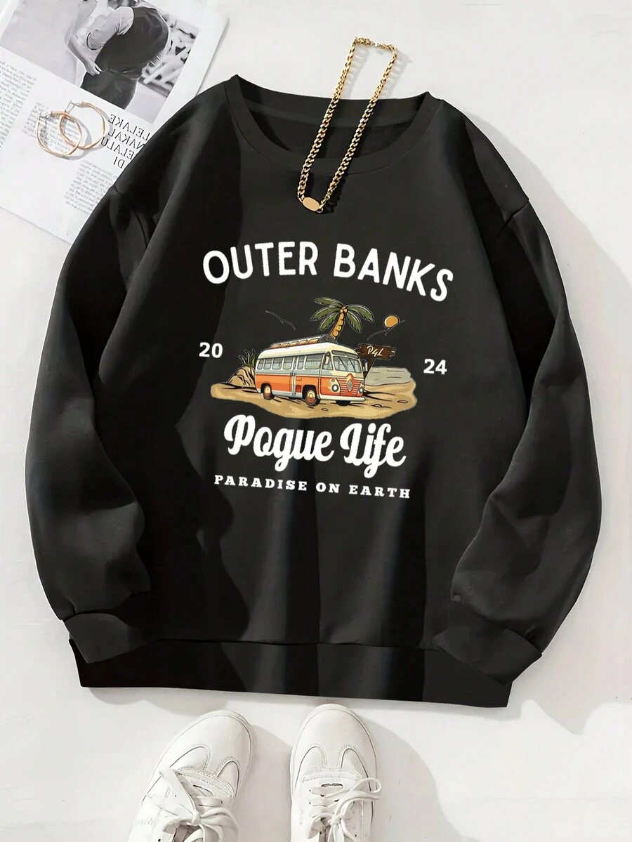 Outer Bank 图案印花女式宽松圆领长袖运动衫 - 黑色 - 查看 1