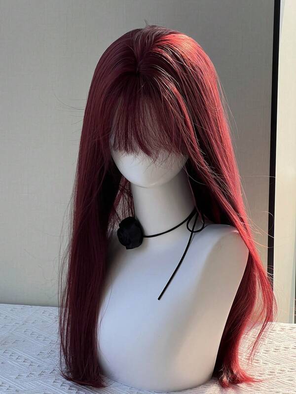 Cosplay Burgundy Long Straight Wig With Bangs 24 Inch Red Hair Synthetic Wigs For Women Fashion Daily Party Halloween Wigs(Accessories Not Included)
