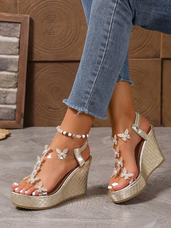 1 Paio di sandali con zeppa donna con design a farfalla con strass, sandali comodi con cinturino e tacco alto