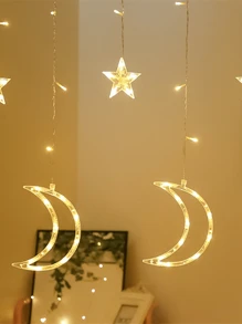 1pc 138 LEDs 3.5*0.8m USB 8 Modes Star & Moon Shaped Curtain Light, For Wedding Engagement Proposal Home Garden Holiday Indoor Outdoor Yard Decor