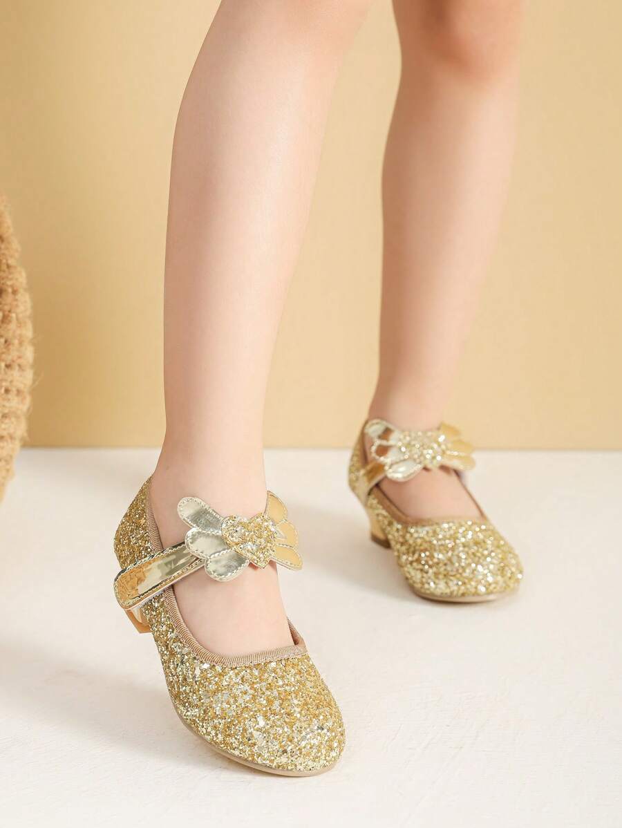 Girls Gold Dress Shoes Kids High Heel Shoes Cute Princess Shoes
