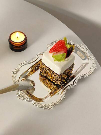 1 件复古法式不锈钢椭圆形托盘、复古花卉边缘甜点盘、蛋糕盘