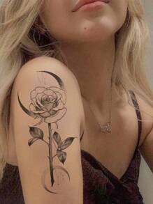 1 vel groot formaat onder de borst dijbeenbanden body art tijdelijke tattoo stickers voor vrouwen, zwarte eenvoudige lijnstijl maanroos bloemenpatroon, waterdichte nep-tatoeage, duurt 2-5 dagen, bedekt littekens, kan worden gebruikt op armen pols schouders benen taille nek hand borst dijen