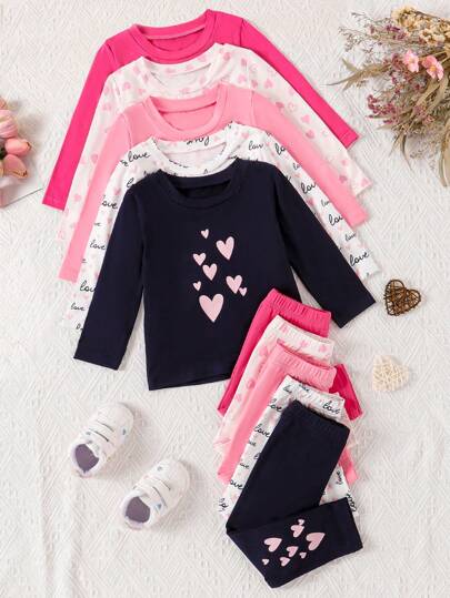 10 件/套女婴休闲长袖上衣和长裤内衣和紧身裤套装，可爱甜心和字母印花，舒适弹力 T 恤和裤子，适合春秋季节