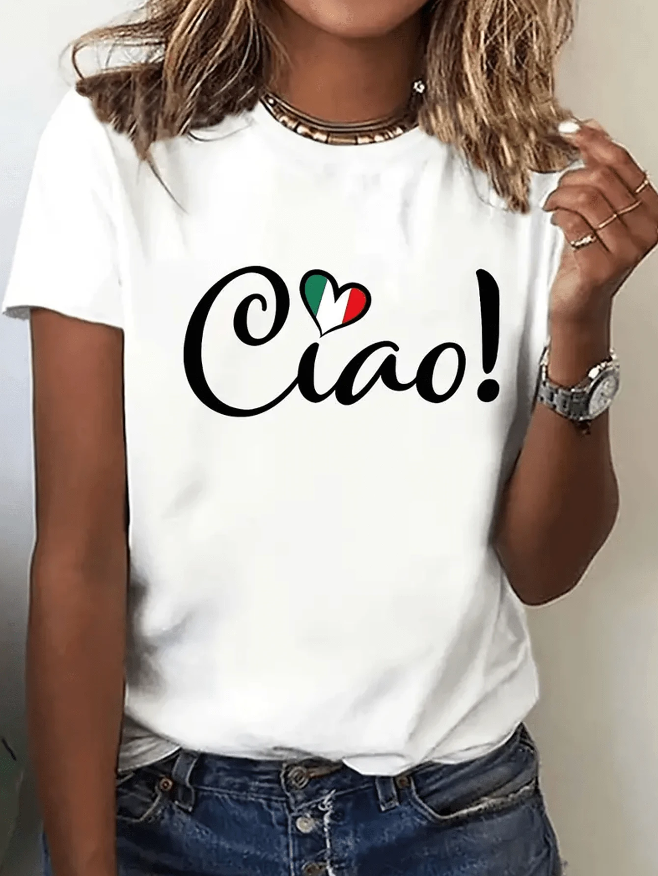 Italian Ciao Printed Women's T-Shirt, Casual, Comfortable, Breathable, Lightweight Top - 白色 - 查看 1