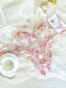 3-Sets Pure Desire Romantic Women And Ladies' Floral Lace Embroidery Mesh Bra & Panty Lingerie Set Naughty Outfits Valentines Day Gift For Her