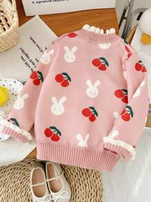 M.Dian xi 女童V领开衫毛衣春秋新款韩版童装荷叶边草莓羊毛衫女童保暖冬季外套 - 西瓜粉 - 查看 3