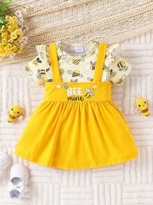 两件套女婴休闲可爱蜜蜂印花连体衣和蜜蜂印花吊带裙，适合外出和日常穿着，夏季 - 黃色 - 查看 3