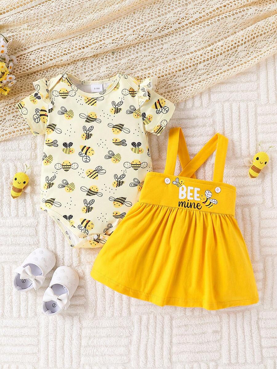 两件套女婴休闲可爱蜜蜂印花连体衣和蜜蜂印花吊带裙，适合外出和日常穿着，夏季 - 黃色 - 查看 1