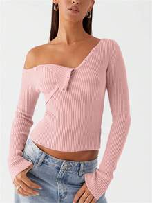 Women Knit Tops, Long Sleeve One-Shoulder Tops Button Closure Solid Fall T-Shirt - Pink - View 5