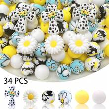 34/86 piezas Set de cuentas de silicona multicolor con formas de margarita, girasol y cruz, manualidades de joyería DIY para hacer llaveros, pulseras, collares, bolígrafos con cuentas