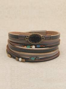 1pc Fashion Alloy Round Pendant Multi-Layer Snake Faux Leather Wrap Bracelet Gift For Girlfriend/Mother, Adjustable