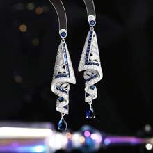 1 对新款时尚纯银针复古缎面耳环，高端蓝色优雅珠宝耳环 - 鑲鑽綢緞耳釘 - 查看 13