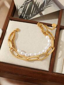 1条不锈钢女士时尚简约潮流珍珠回形针双层链手链，适合约会、派对和办公场合佩戴 - 金黃色 - 查看 7