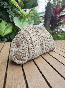 女士针织手提包，纯色，大容量，经典复古搭扣包，适合度假旅行 - 駝色 - 查看 4