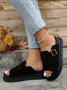 Women's Round Toe Thick Sole Open Toe Suede Slip-On Flat Shoes With Metal Buckle Decoration, Comfortable Casual Versatile Platform Sandals For Daily Wear, Work, School, Music Festival, Beach Party, Dating, Vacation