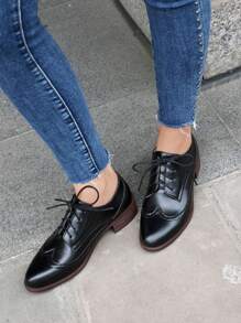 Women's Pointed Toe Lace-Up Brogue Pumps Fashion Mixed Colors Patchwork Block Chunky Heel British Style Flat Oxford Shoes - màu đen - Xem 3