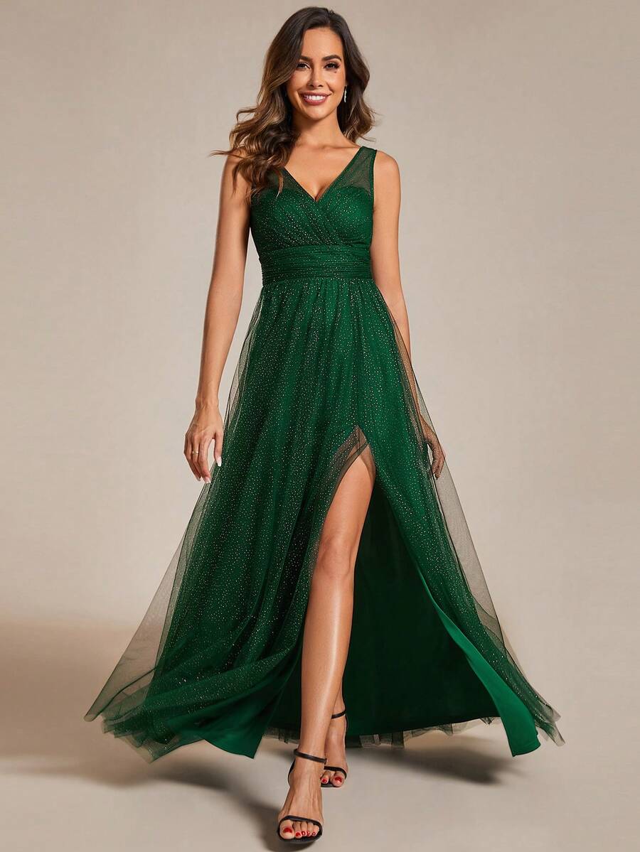 Elegant Deep V-Neck Split Back Bridesmaid Dress For Wedding - Dark Green - View 1