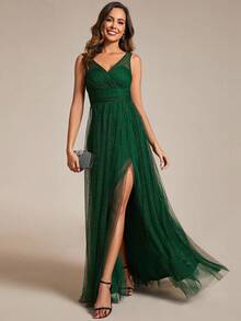 Elegant Deep V-Neck Split Back Bridesmaid Dress For Wedding - Dark Green - View 4