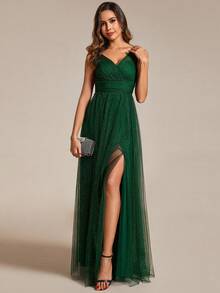 Elegant Deep V-Neck Split Back Bridesmaid Dress For Wedding - Dark Green - View 5