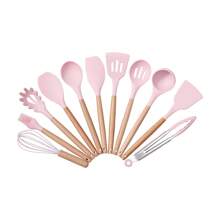 Living And Home 11 Pcs/Set Silicone Kitchen Utensils Set With Holder Nonstick Cookware,Silicone Cooking Utensils Set With Wooden Handle,Heat Resistant Kitchen Gadgets Utensil Set,Kitchen Accessories - Pink - View 3
