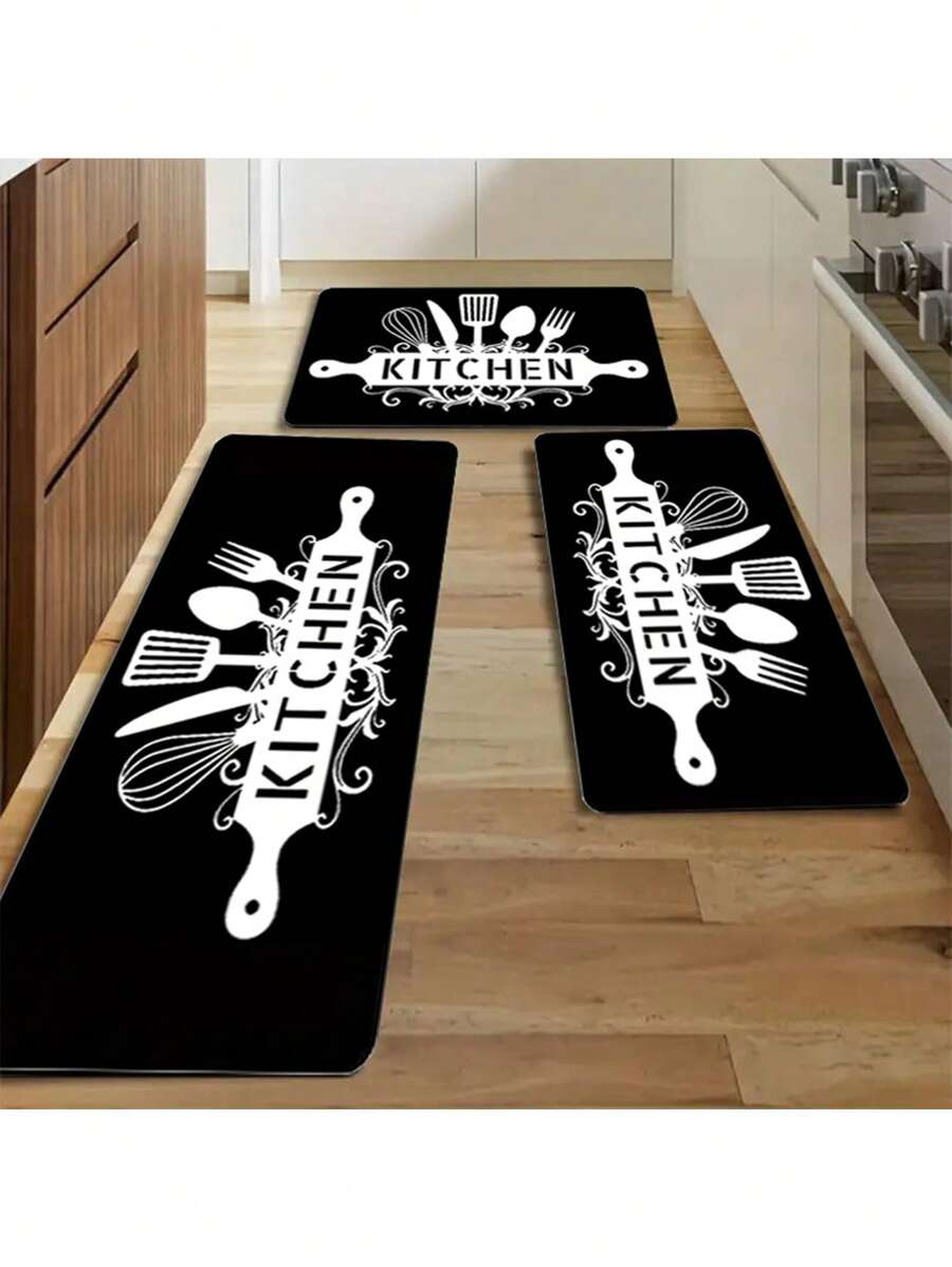 1/2/3pcs Non-Slip Cutlery Graphic Kitchen Rug - Dirt Resistant, Waterproof, Machine Washable, Soft And Comfortable - Perfect For Kitchen, Living Room, Porch, Balcony, And Home Decor - Multicolor - View 1