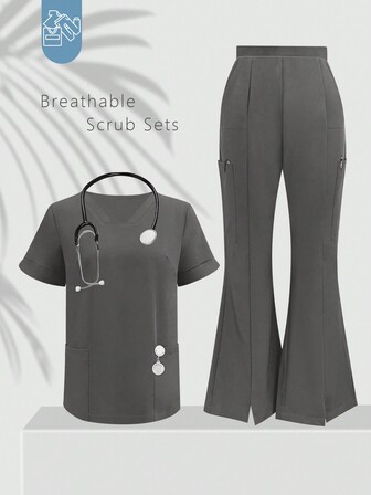 Solid Color V-Neck Short Sleeve Top And Split Leg Long Pants Lab Scrubs Nurse Scrub Uniform Set For Pet Hospital Clinic Private Care Workwear, Top And Pants With Pockets