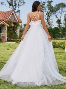 Backless Criss-Cross Bow Lace & Mesh Wedding Dress - White - View 3